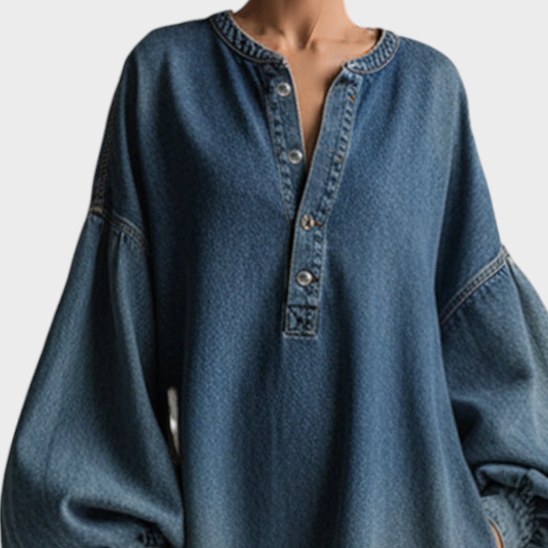 Salma | Elegant Urban-style Blue Denim Button-down Maxi Dress
