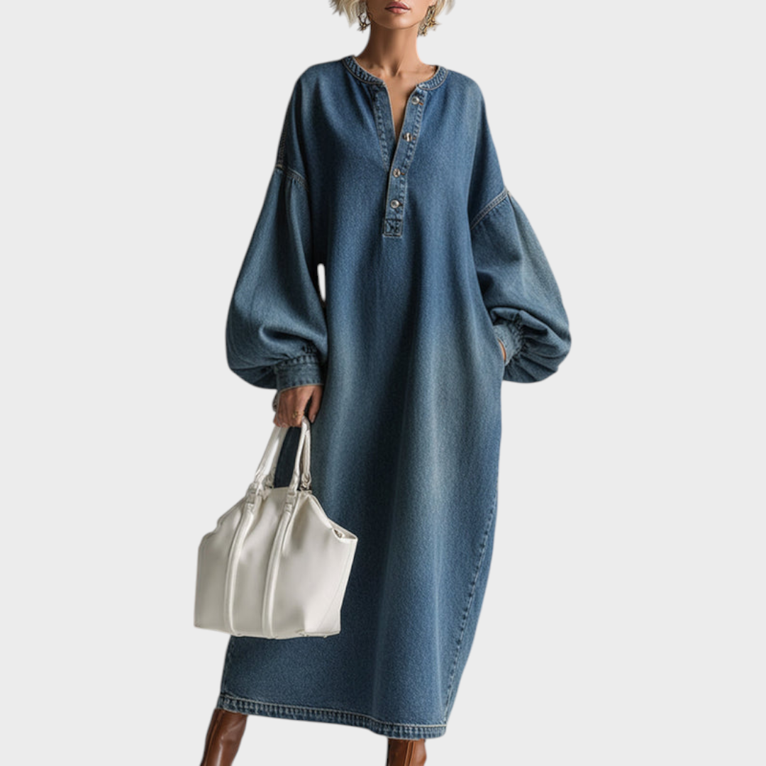 Salma | Elegant Urban-style Blue Denim Button-down Maxi Dress