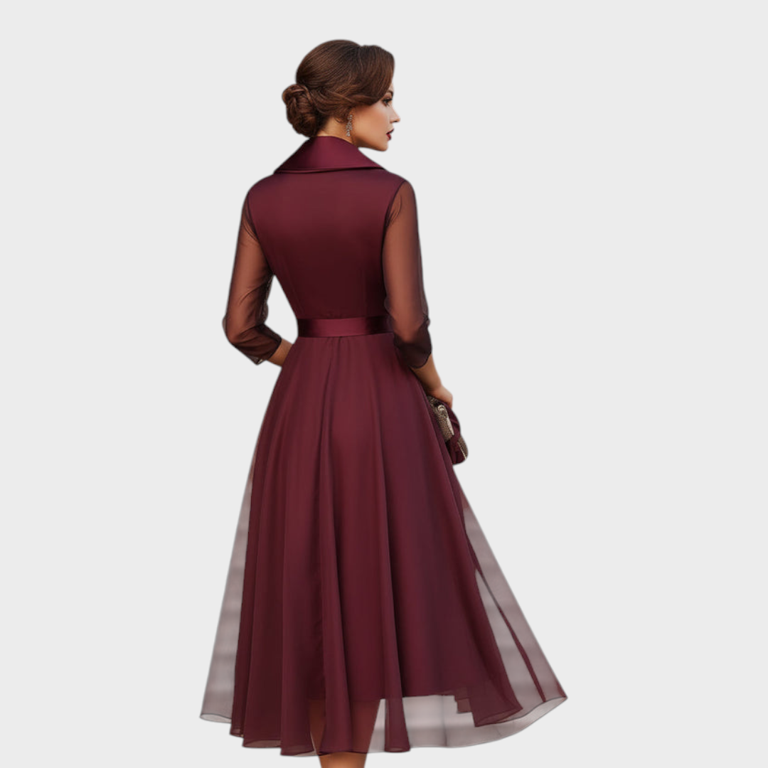 Sheer Sleeve Wrap Dress in Burgundy with Layered Hem