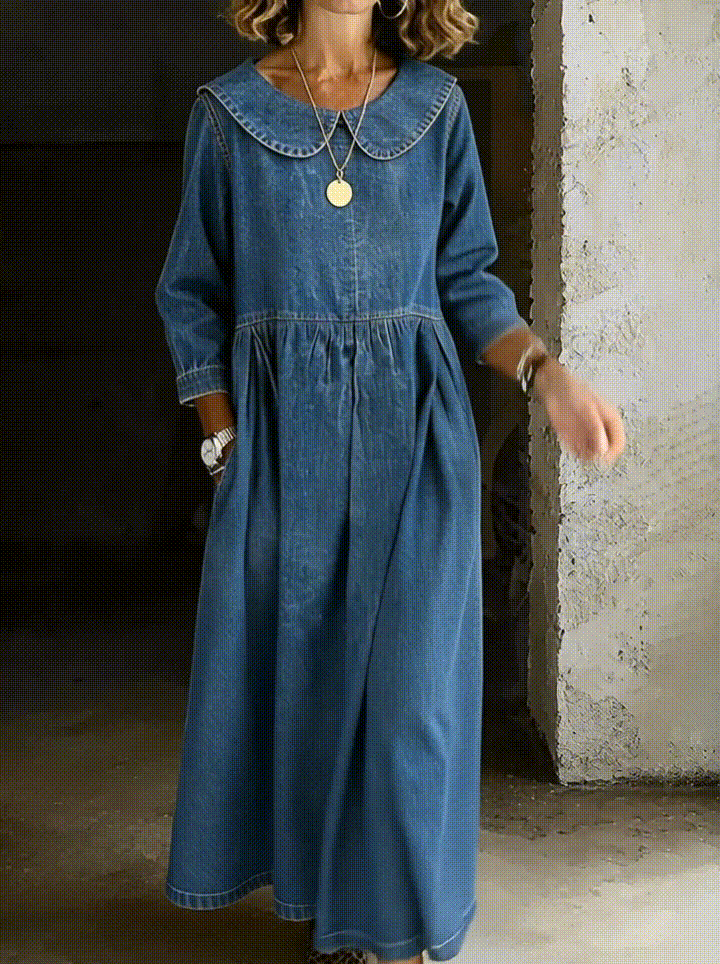 Collared Denim Dress with a Straight Cut