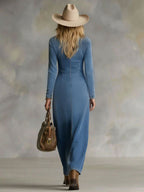 Agape | V-neck Single-breasted Side-slit Denim Long-sleeved Maxi Dress