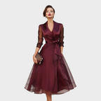 Sheer Sleeve Wrap Dress in Burgundy with Layered Hem
