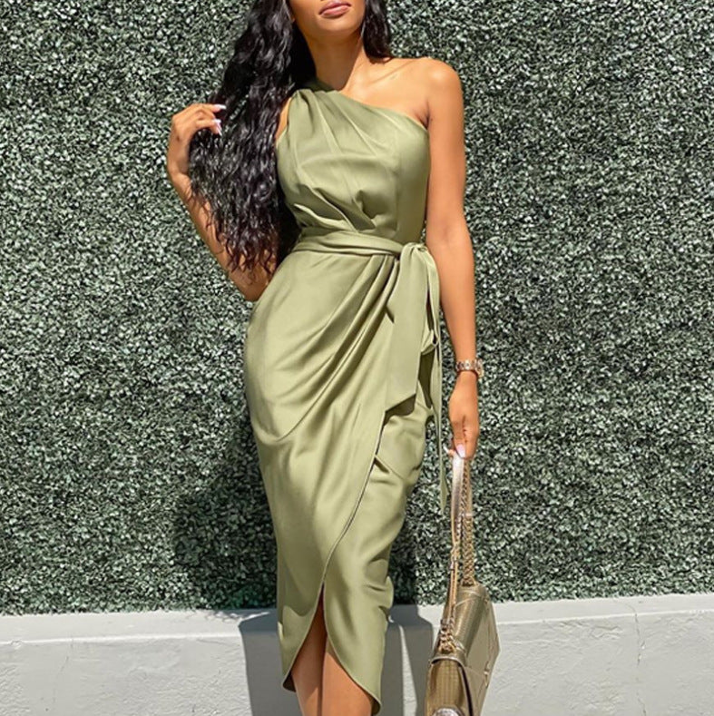 Christabel Ushham | Sage Satin One Shoulder Cocktail Dress For Women