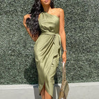 Christabel Ushham | Sage Satin One Shoulder Cocktail Dress For Women