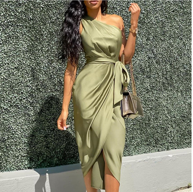 Christabel Ushham | Sage Satin One Shoulder Cocktail Dress For Women
