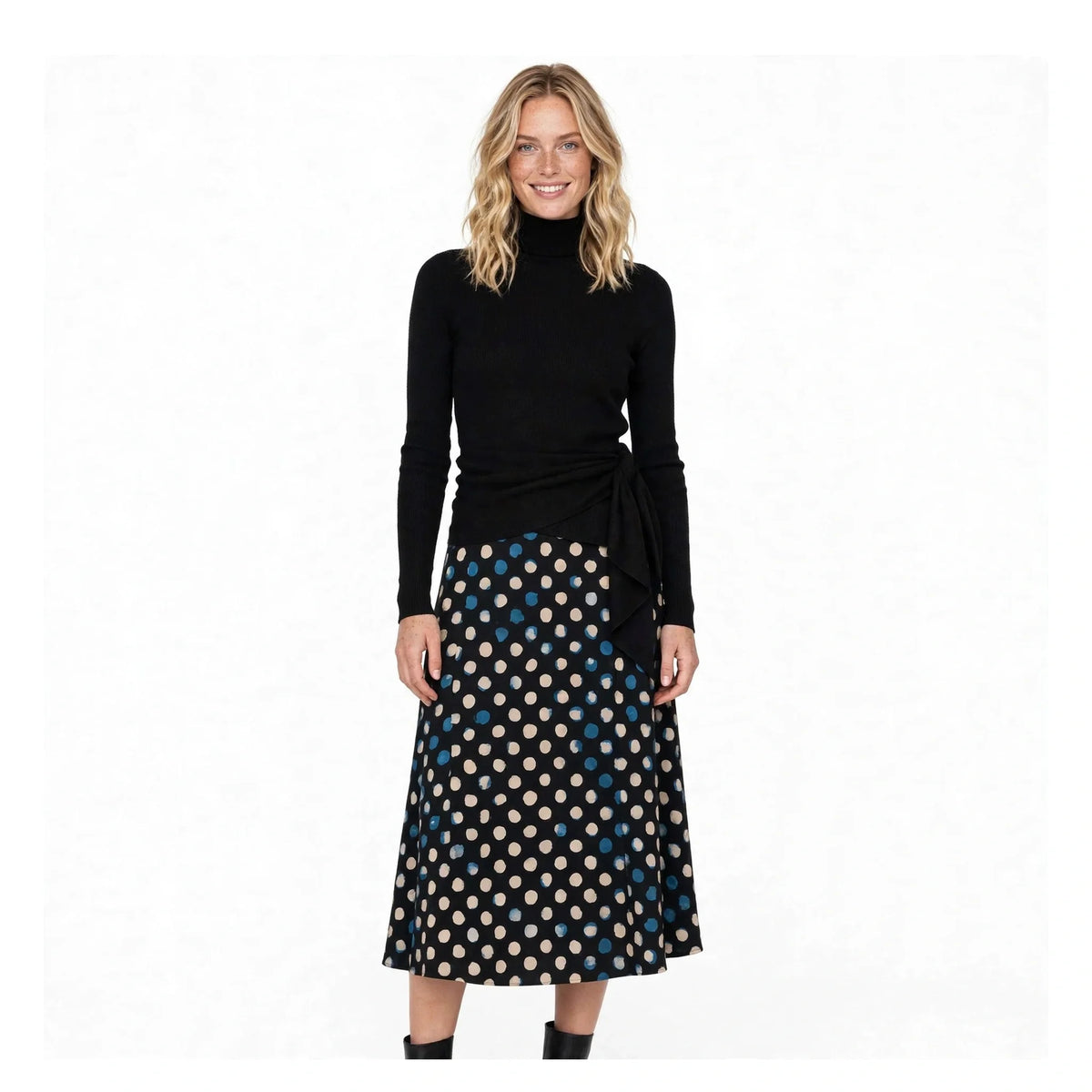 Imogen Fairweather | Turtleneck Knit Top & Polka Dot Skirt Set For Women