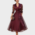 Faye | Belted Layered Midi Dress in Burgundy with Collar Detail