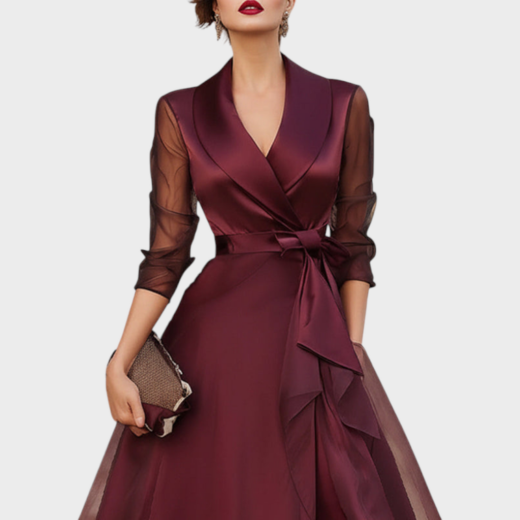Faye | Belted Layered Midi Dress in Burgundy with Collar Detail