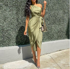 Christabel Ushham | Sage Satin One Shoulder Cocktail Dress For Women
