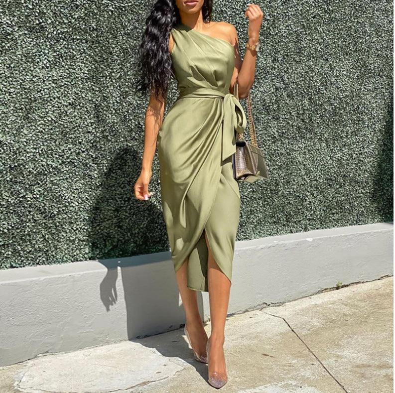 Christabel Ushham | Sage Satin One Shoulder Cocktail Dress For Women