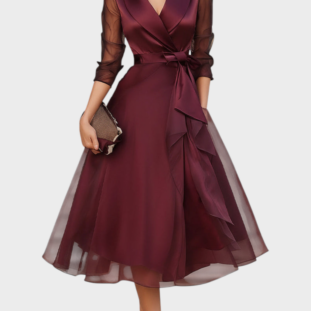Sheer Sleeve Wrap Dress in Burgundy with Layered Hem