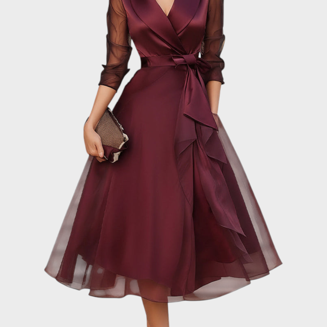 Faye | Belted Layered Midi Dress in Burgundy with Collar Detail