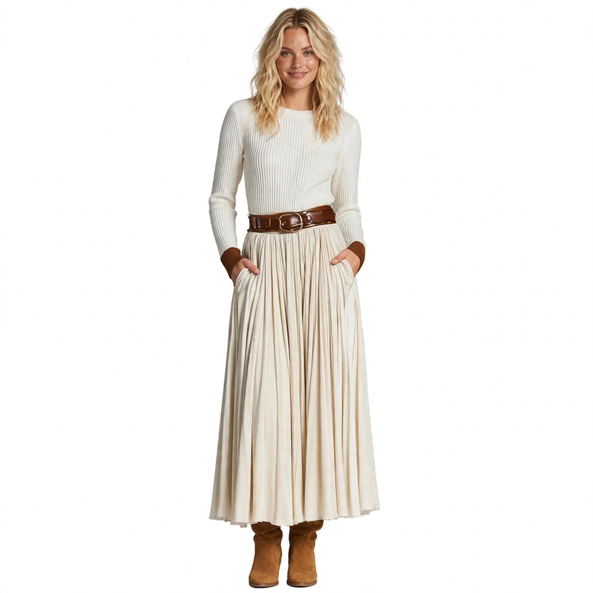Eloise Fairweather | Velvet Pleated Skirt With Lace-Up Belt For Women