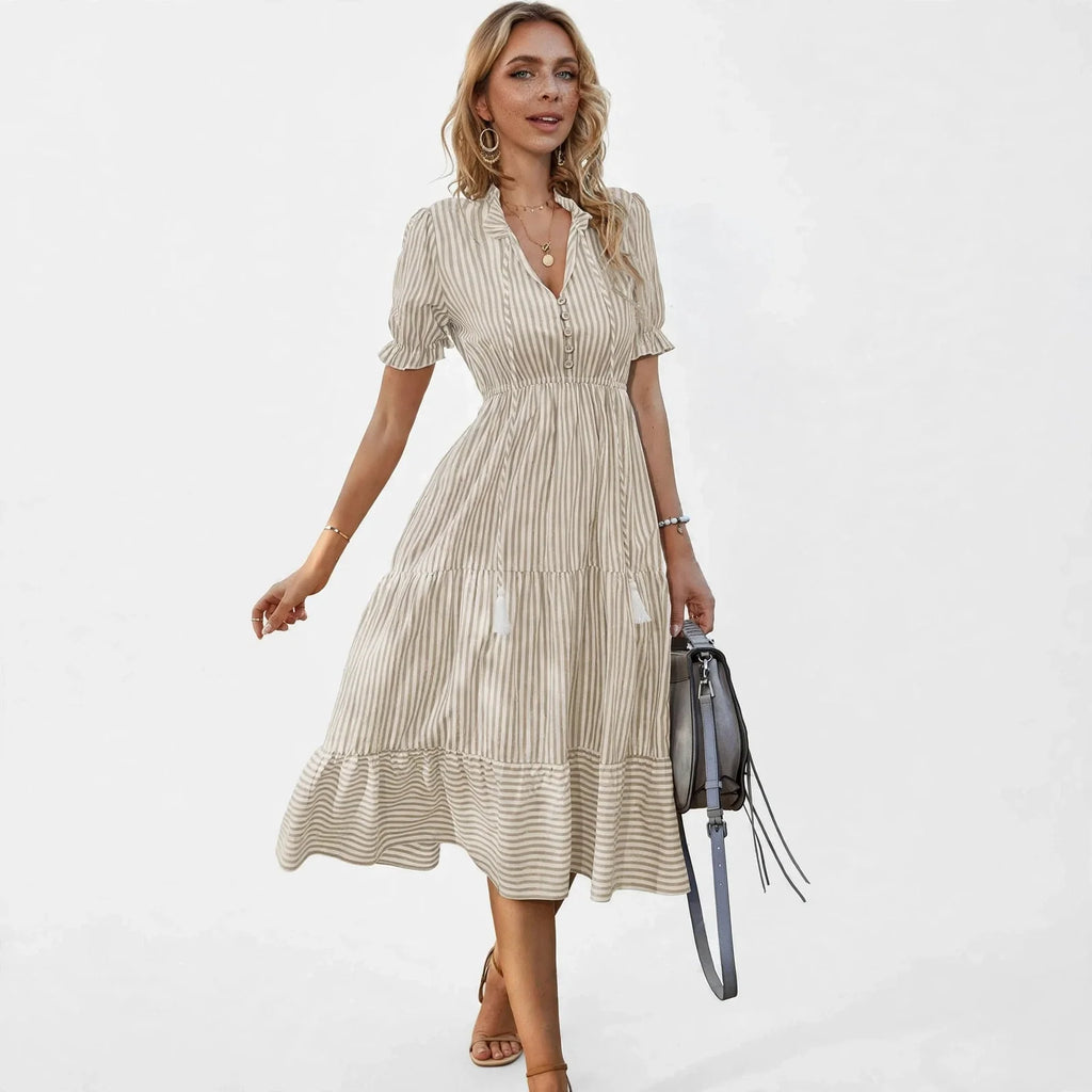 Clara Pennington | Striped V-Neck Summer Dress