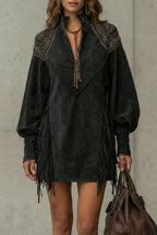 Embroidered Fringe Detail Tunic Mini Dress