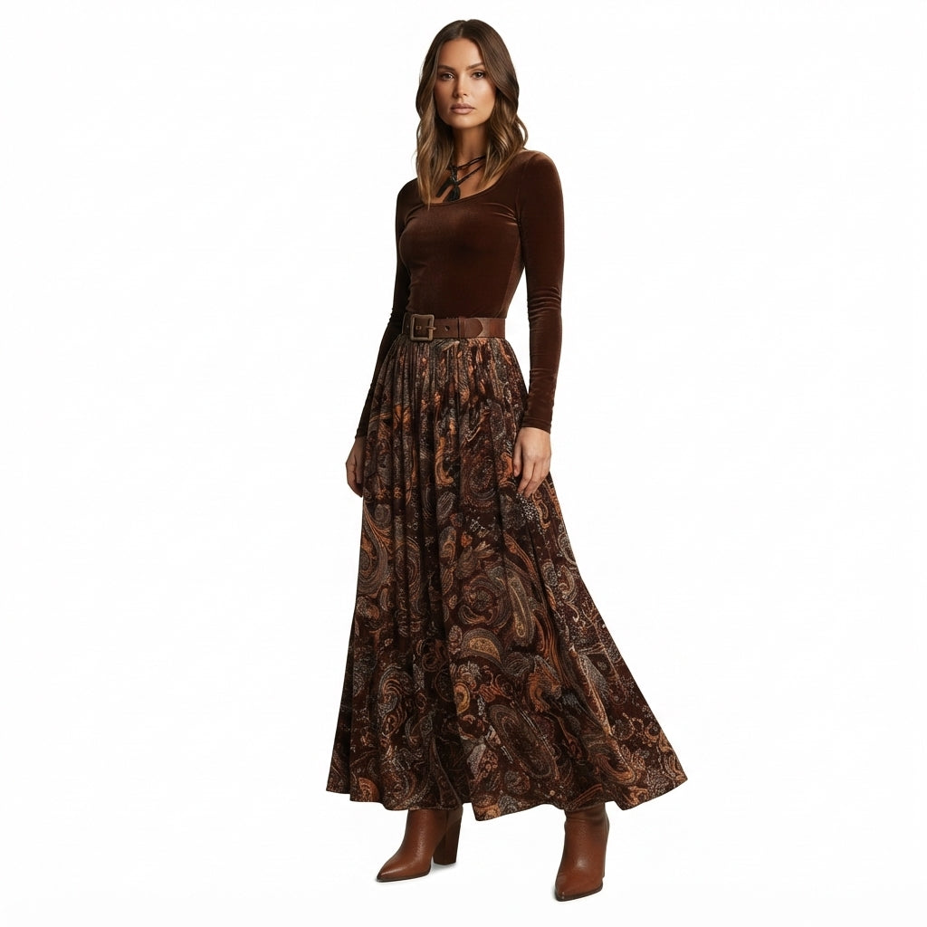Rosalyn Whitlock | Velvet Top & Paisley Maxi Skirt Set For Women