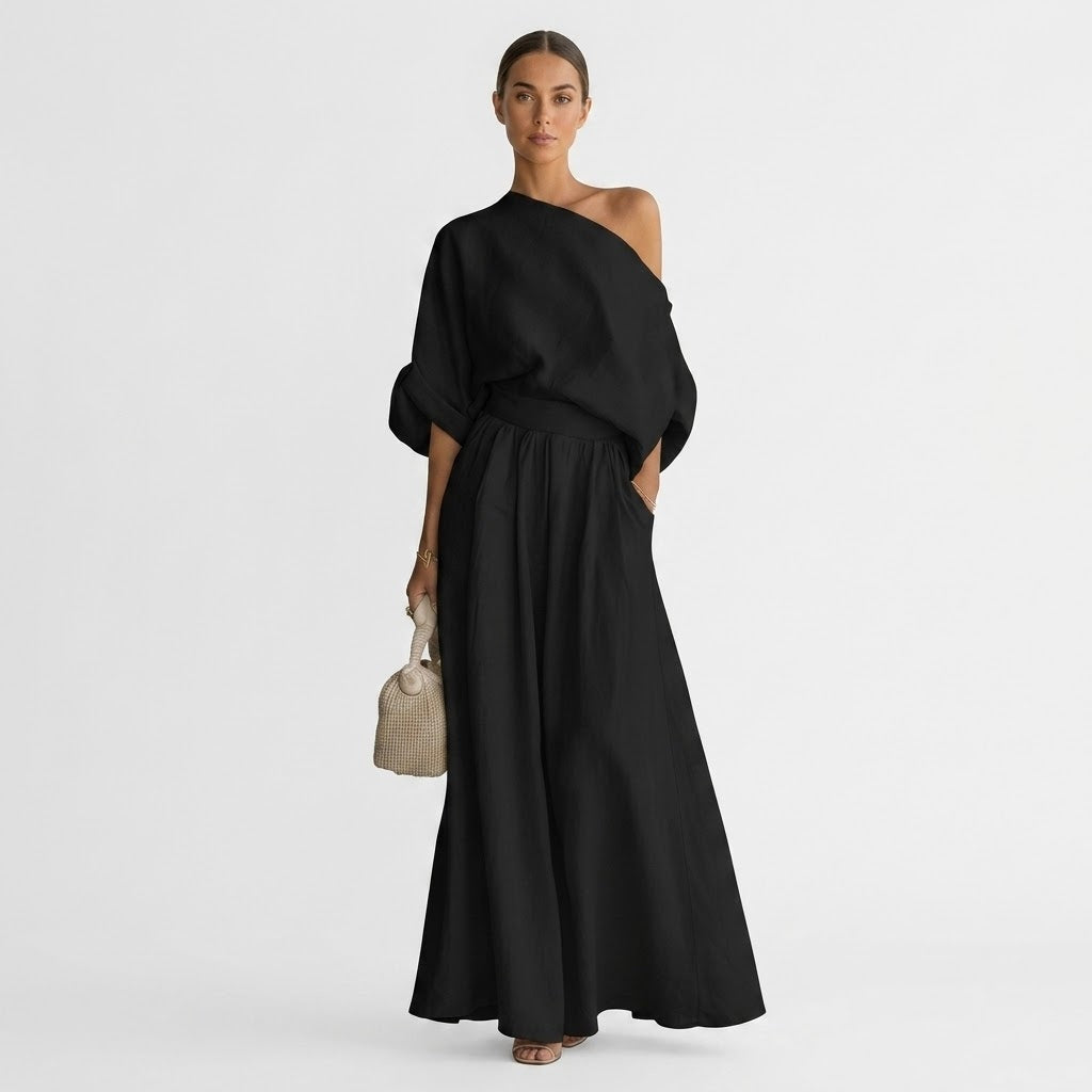 Sophia Reynolds | One Shoulder Linen Look Maxi Set For Women