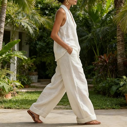Bridie Ashcroft | Linen Look Tank Top and Wide-Leg Pants Set For Women
