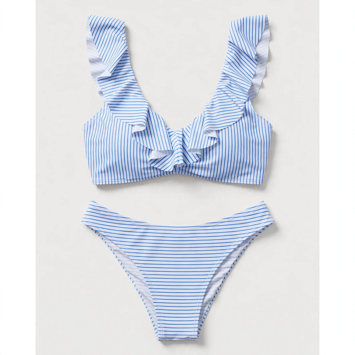 Ruby Halloran | Blue Stripe Ruffle Bikini Set For Women