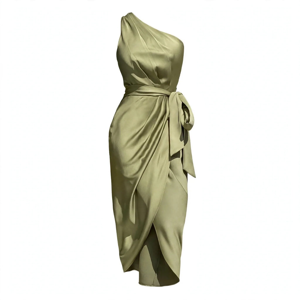 Christabel Ushham | Sage Satin One Shoulder Cocktail Dress For Women