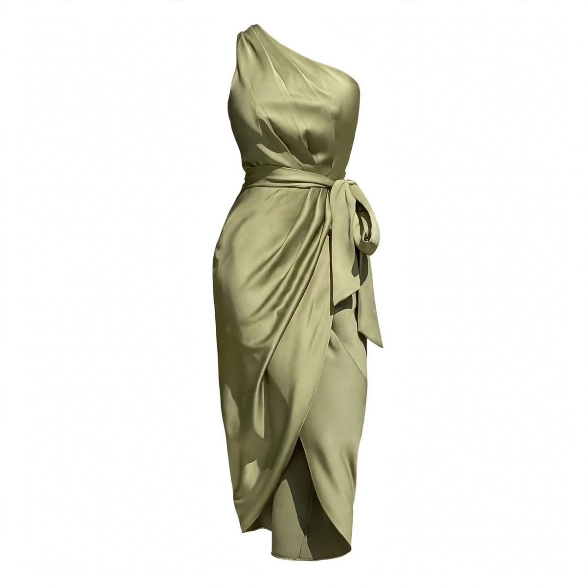 Christabel Ushham | Sage Satin One Shoulder Cocktail Dress For Women