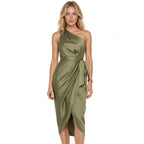 Christabel Ushham | Sage Satin One Shoulder Cocktail Dress For Women