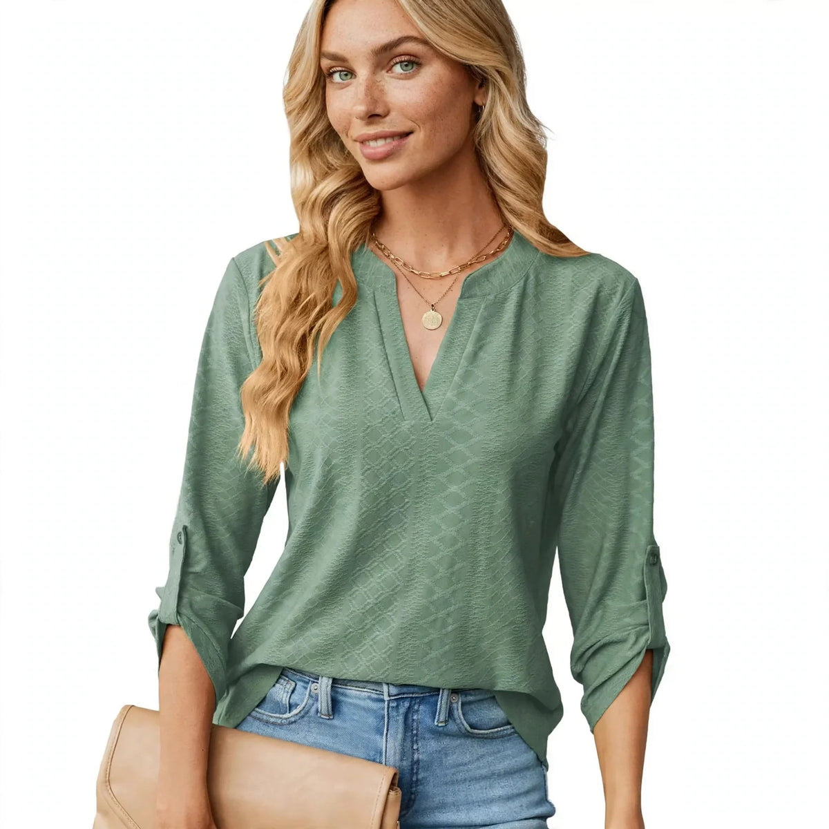 Mackenzie Doherty | V-Neck Blouse With Roll-Tab Sleeves For Women