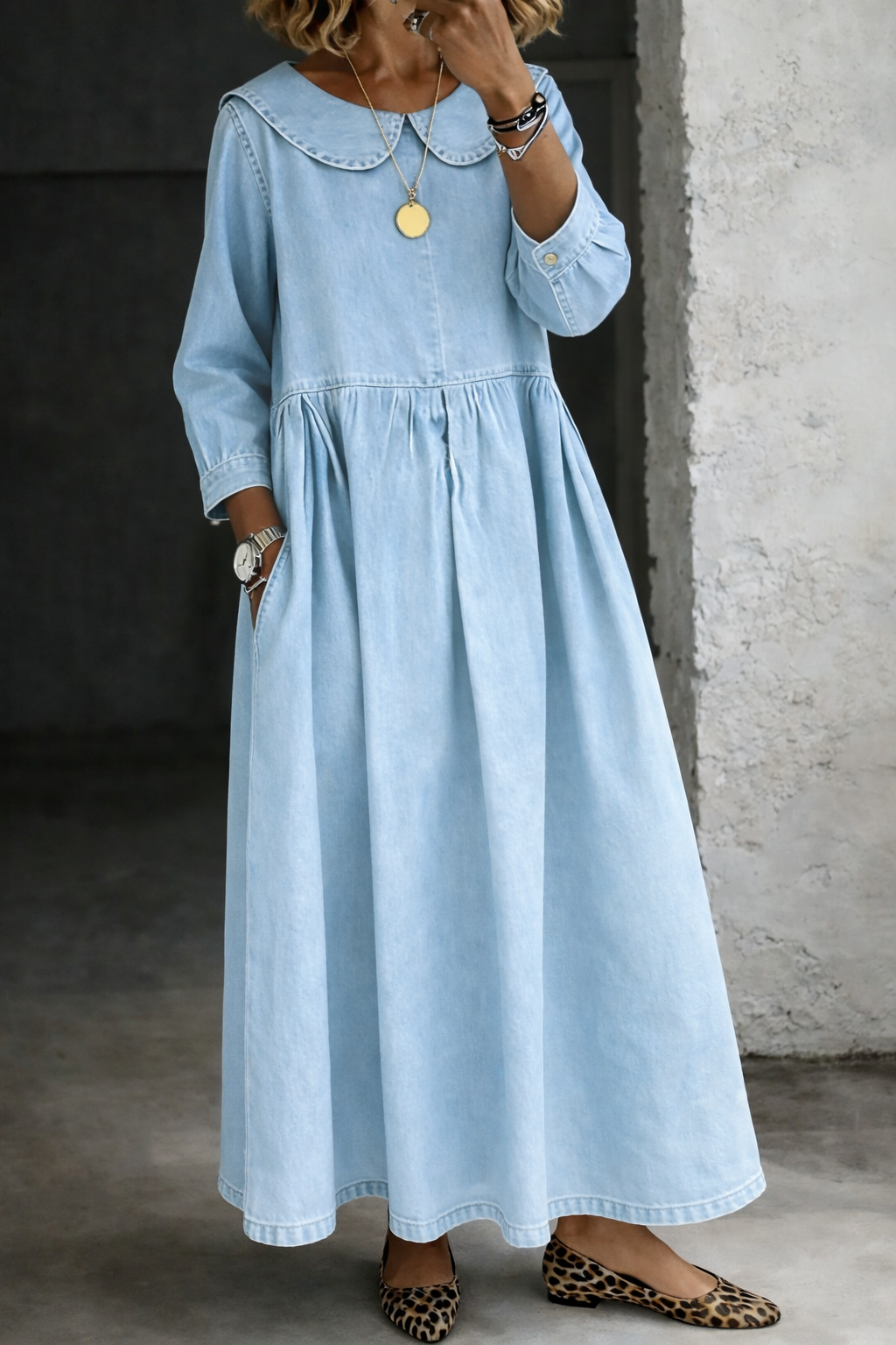 Classic Denim Dress with a Soft Rounded Collar