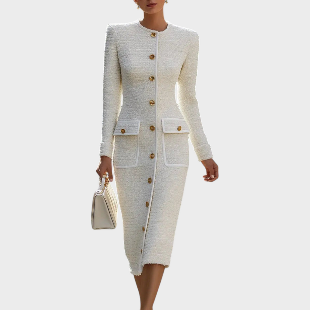 Ahtisa | Ivory Tweed Button-Down With Patch Pockets - Midi Dress