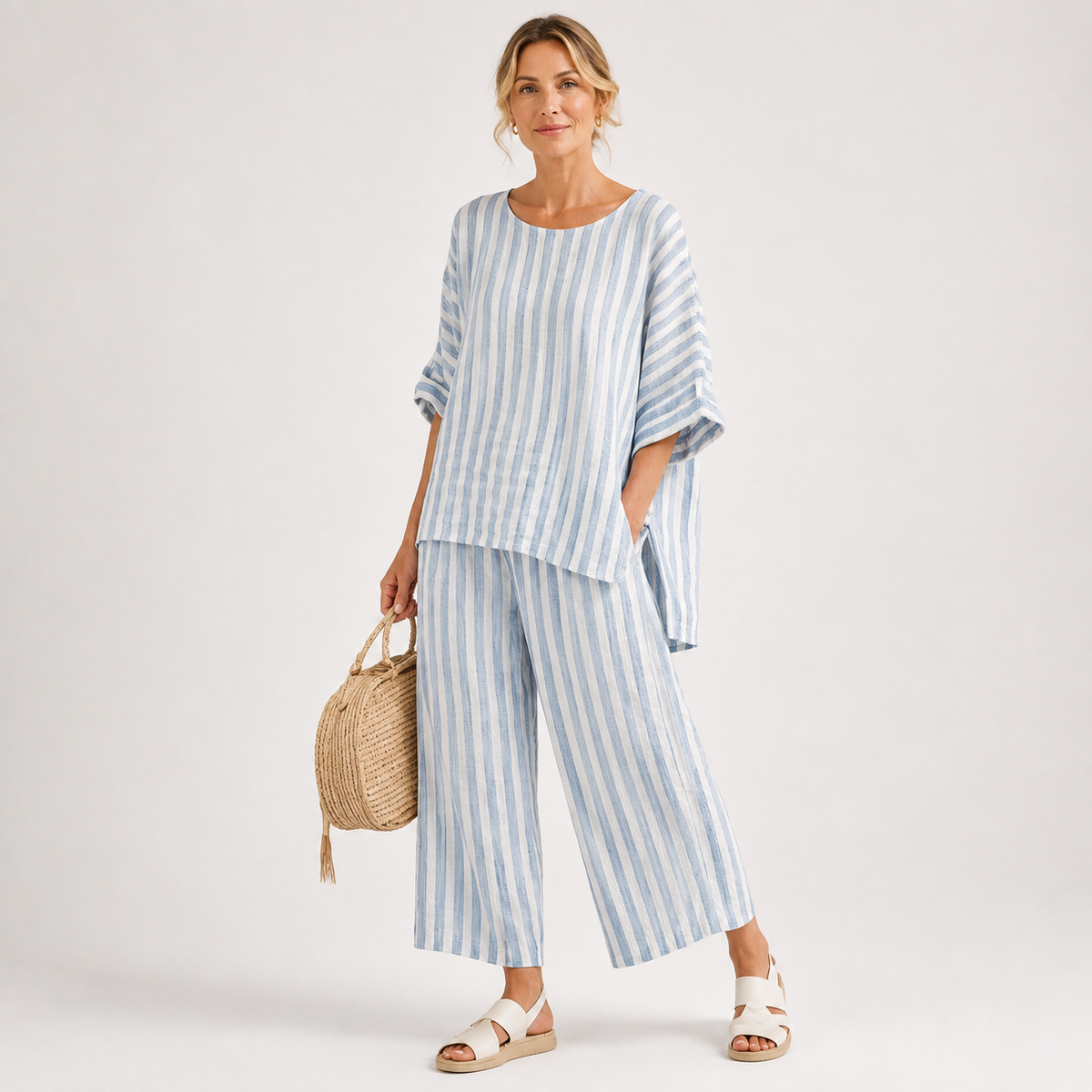 Matilda Young | Striped Linen Look Top & Wide Leg Pants Set For Women