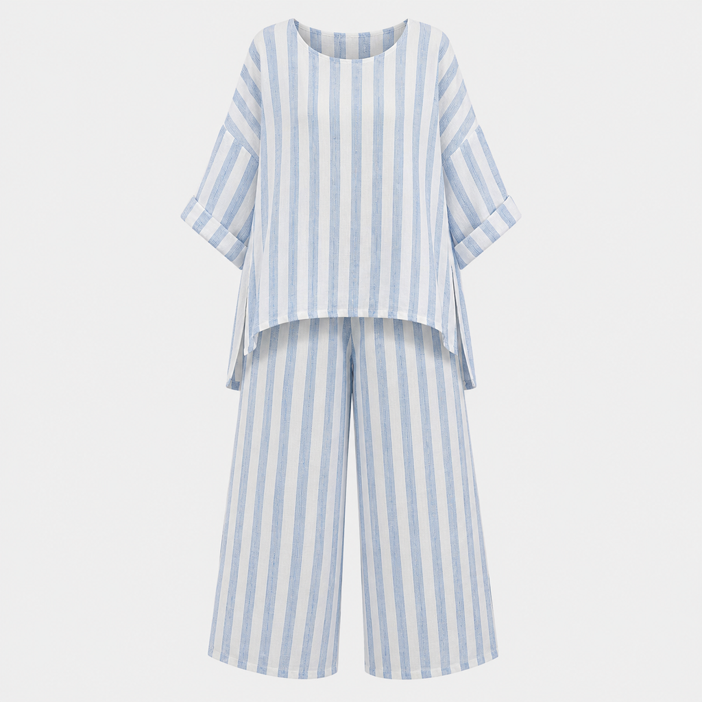 Matilda Young | Striped Linen Look Top & Wide Leg Pants Set For Women
