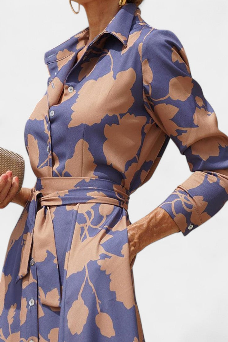 Samaria Midi Dress with Buttons and Floral Collar