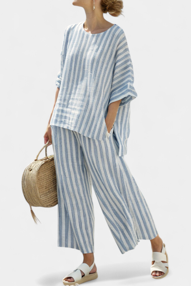 Matilda Young | Striped Linen Look Top & Wide Leg Pants Set For Women