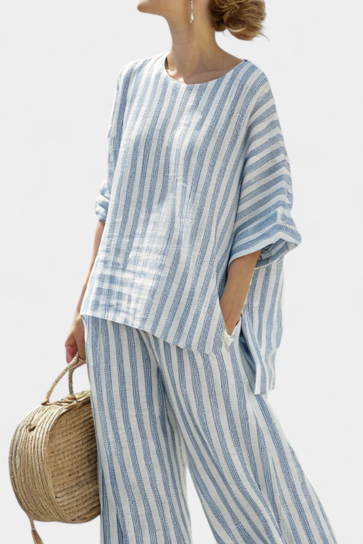 Matilda Young | Striped Linen Look Top & Wide Leg Pants Set For Women