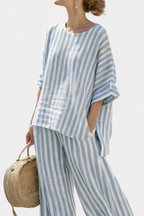 Matilda Young | Striped Linen Look Top & Wide Leg Pants Set For Women