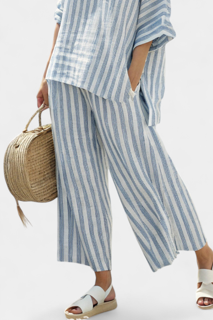 Matilda Young | Striped Linen Look Top & Wide Leg Pants Set For Women