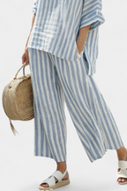 Matilda Young | Striped Linen Look Top & Wide Leg Pants Set For Women