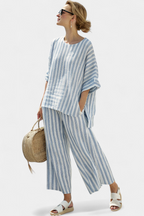 Matilda Young | Striped Linen Look Top & Wide Leg Pants Set For Women