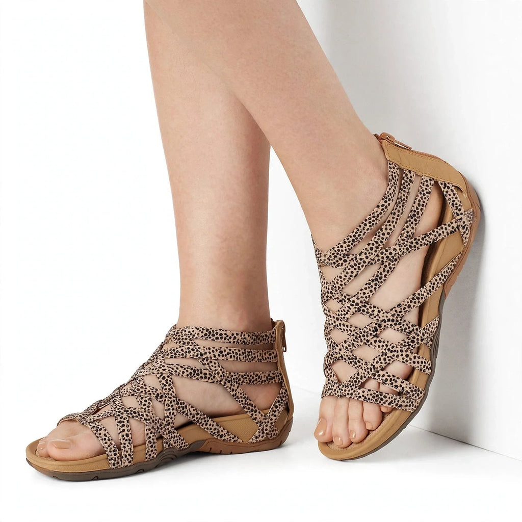 Una Hollwood | Leopard Strappy Elastic Flat Sandals For Women