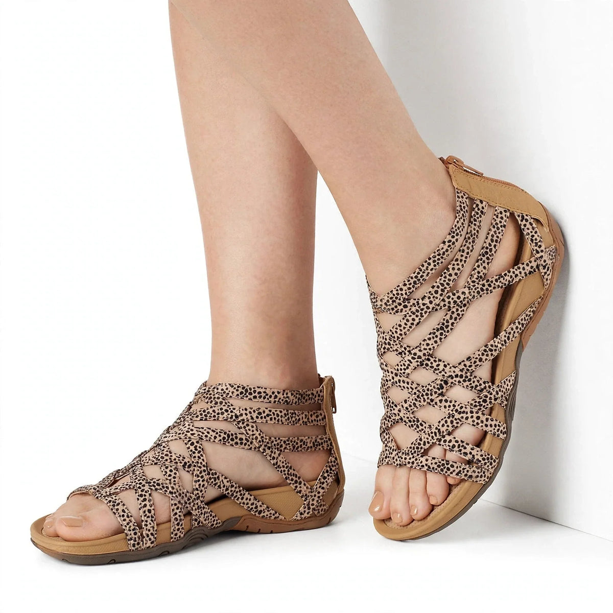 Una Hollwood | Leopard Strappy Elastic Flat Sandals For Women