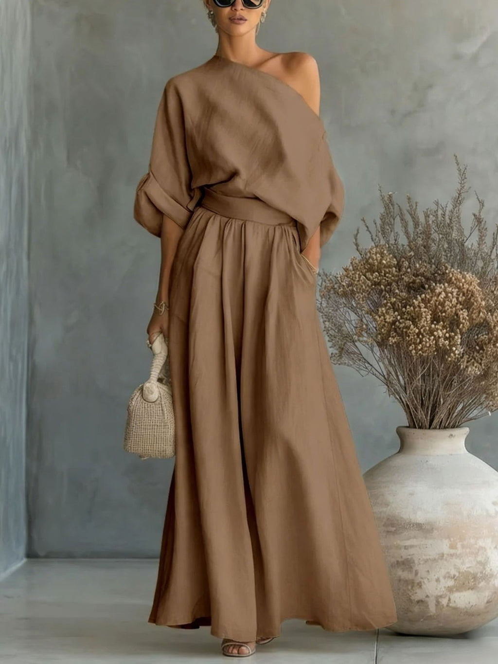 Sophia Reynolds | One Shoulder Linen Look Maxi Set For Women