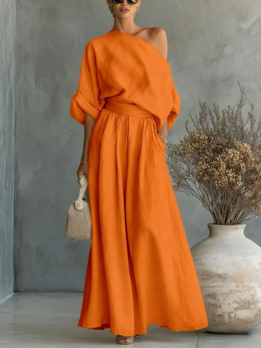 Sophia Reynolds | One Shoulder Linen Look Maxi Set For Women