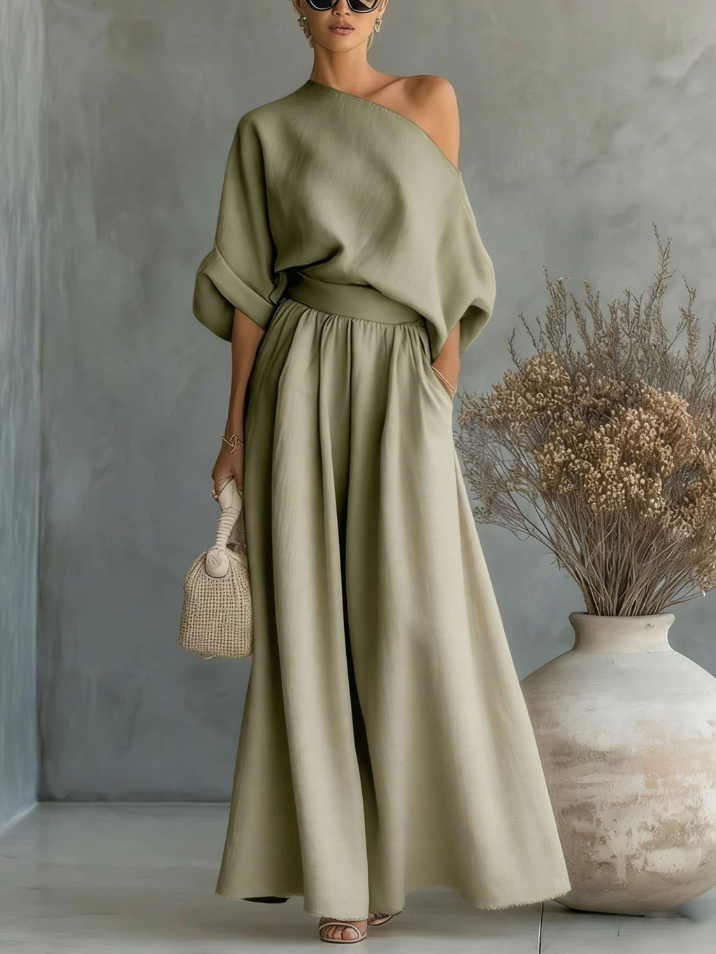 Sophia Reynolds | One Shoulder Linen Look Maxi Set For Women
