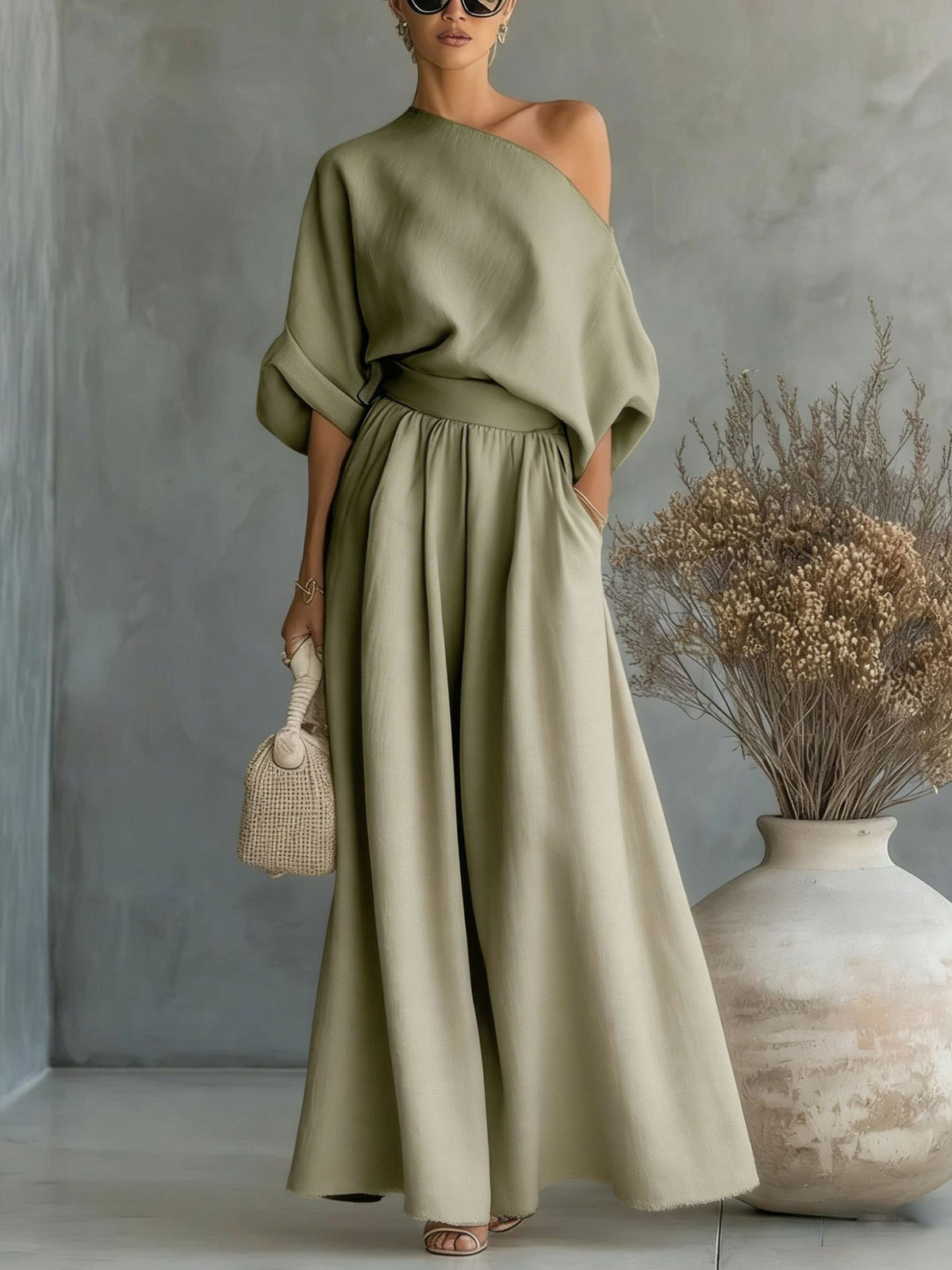 Sophia Reynolds | One Shoulder Linen Look Maxi Set For Women