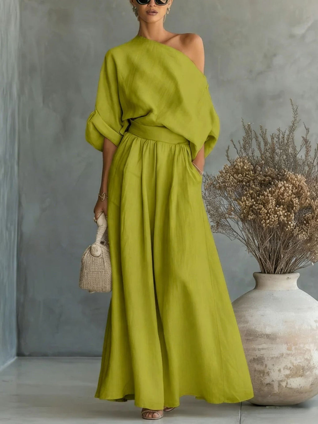 Sophia Reynolds | One Shoulder Linen Look Maxi Set For Women