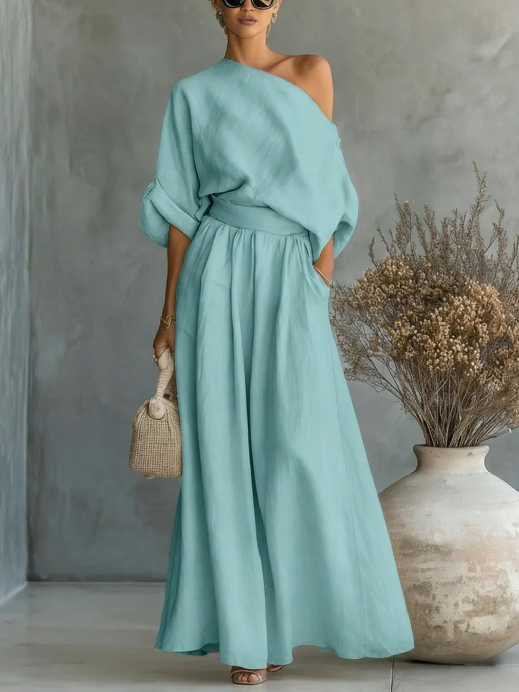 Sophia Reynolds | One Shoulder Linen Look Maxi Set For Women