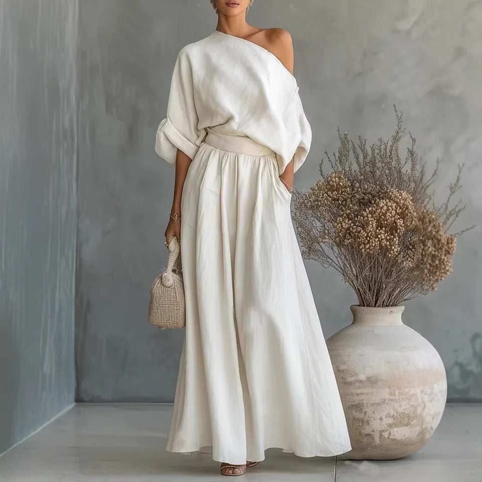 Sophia Reynolds | One Shoulder Linen Look Maxi Set For Women