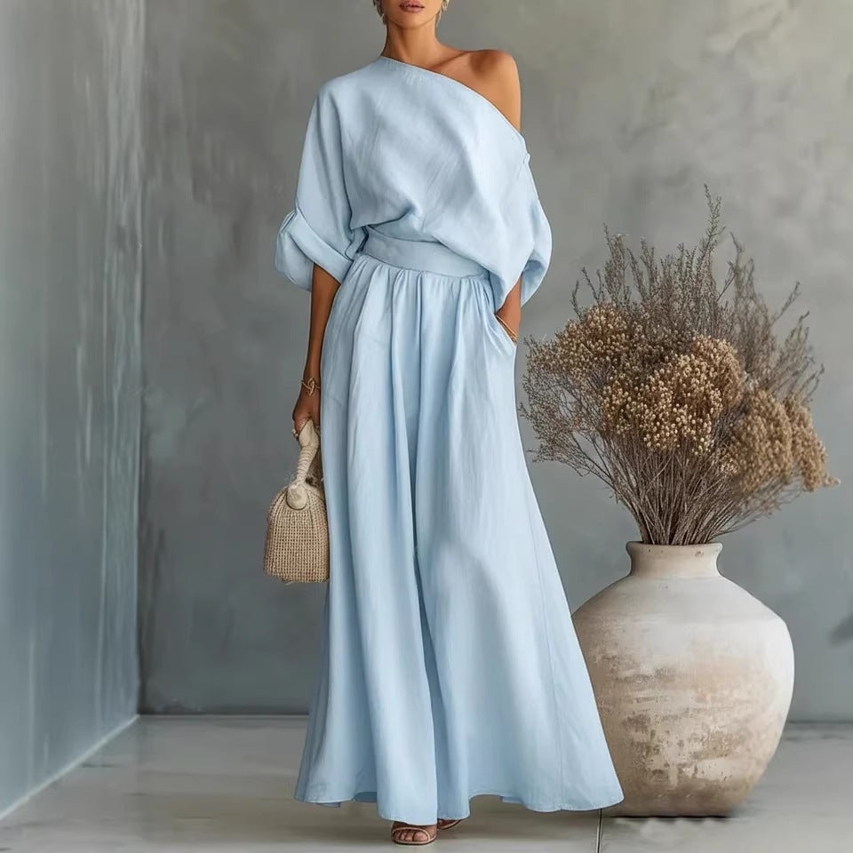 Sophia Reynolds | One Shoulder Linen Look Maxi Set For Women