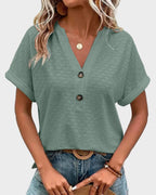 Women's Blouse - Light and Breathable - V-neck - Short Rolled Sleeves - Relaxed Fit