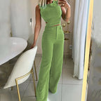 Olivia Strand | Teal Crop Top And Wide Leg Pants Set For Women